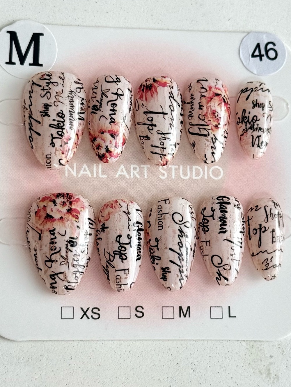 Handmade Floral Script Press-On Nails in Blush Pink Short Almond Size M